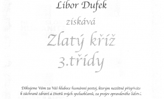 Poděkování dárci krve Liborovi Dufkovi